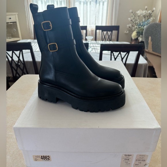 Celine Shoes - Celine Black Platform Boots with Gold Buckles